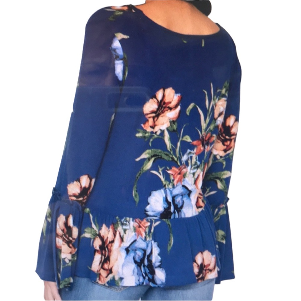 Navy Floral Button Down BoHo Blouse - Picture 3 of 7